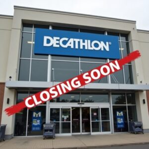 “Decathlon storefront with a large ‘Closing Soon’ sign displayed on the building.”