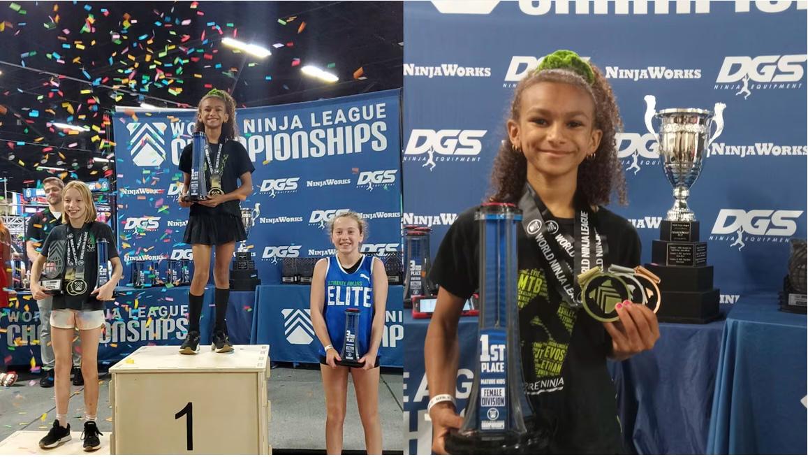 10-year-old Canadian girl competing in a ninja obstacle course during a Canadian Ninja League event.
